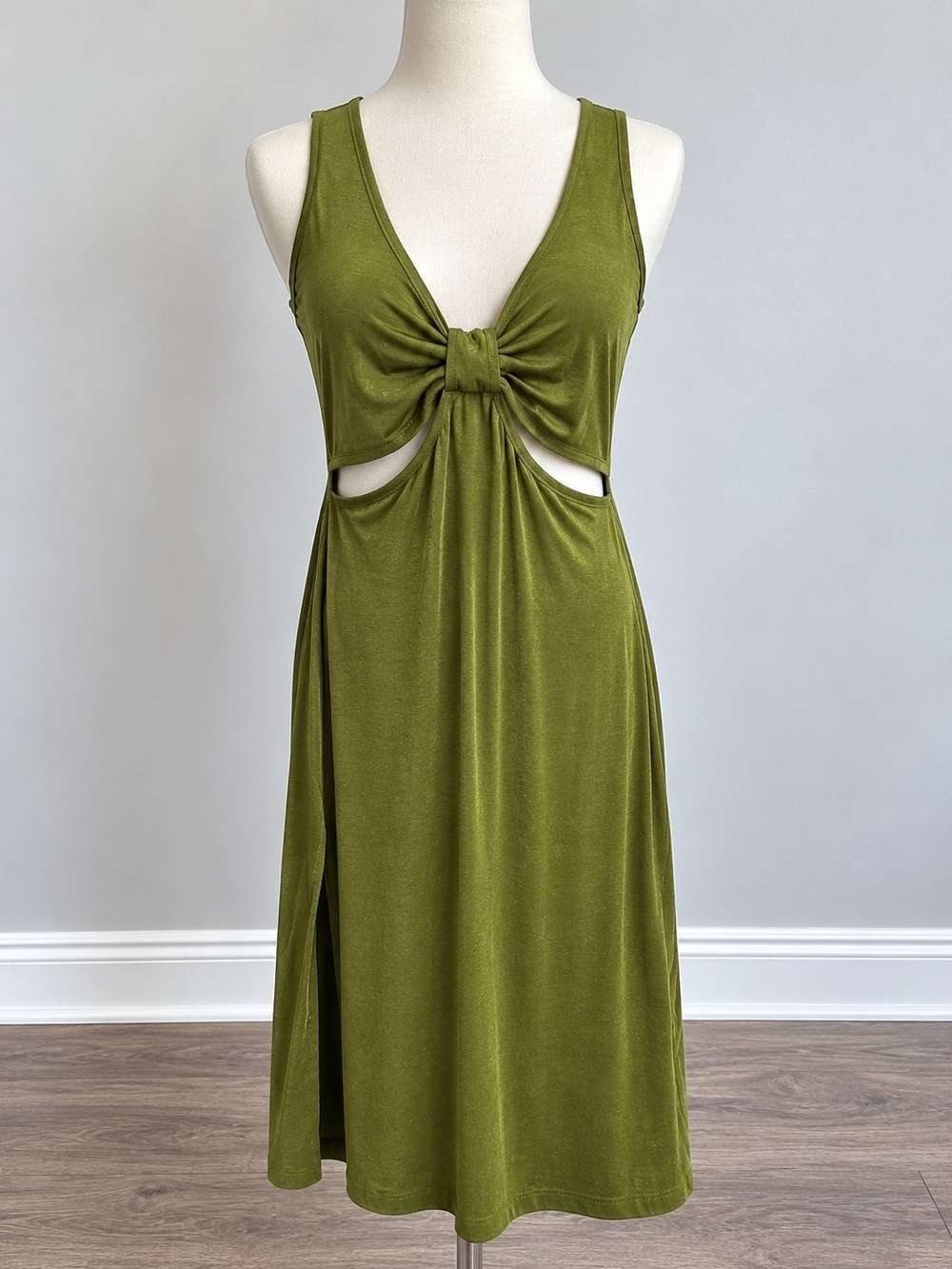 Derek Heart Olive Green Knot Front Cutout Midi Dress